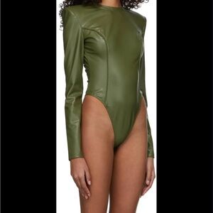 Adidas Ivy Park Olive Green Faux Leather Bodysuit Size S